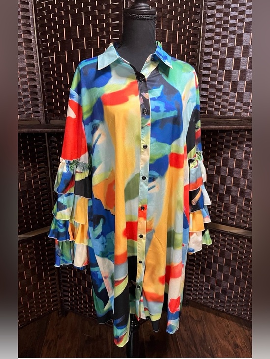Wowo Tops - Multicolor Abstract Button-Down Ruffle Sleeve Shirt - Vibrant Print
